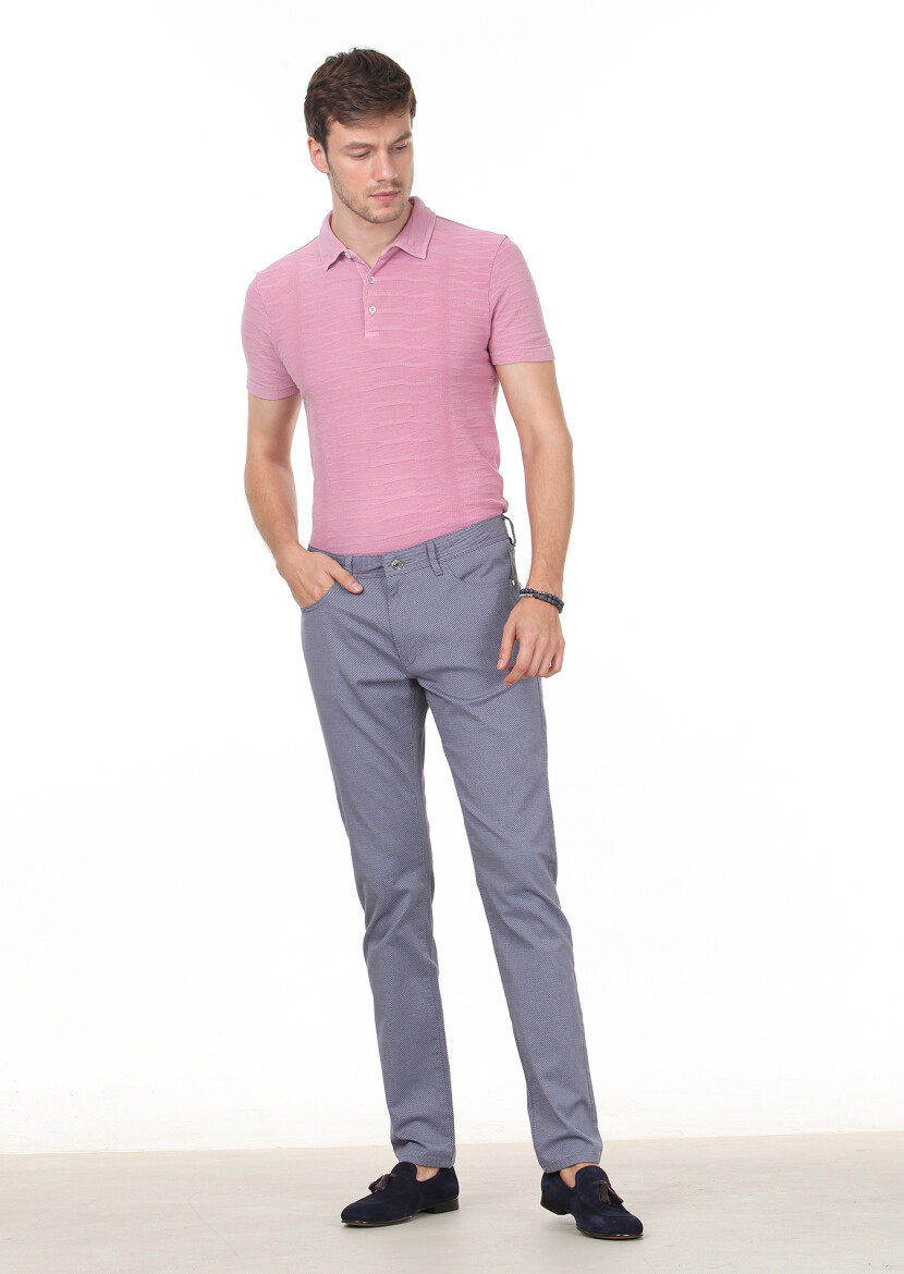 Navy Blue Weaving Slim Fit Casual Cotton Blended Trousers - 1