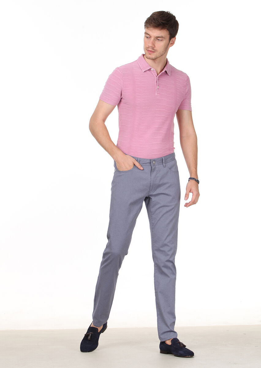 Navy Blue Weaving Slim Fit Casual Cotton Blended Trousers - 2