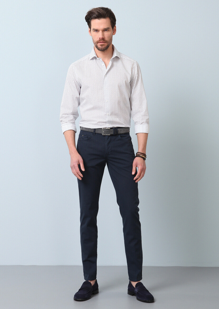 Navy Blue Weaving Slim Fit Casual Cotton Blended Trousers - 1
