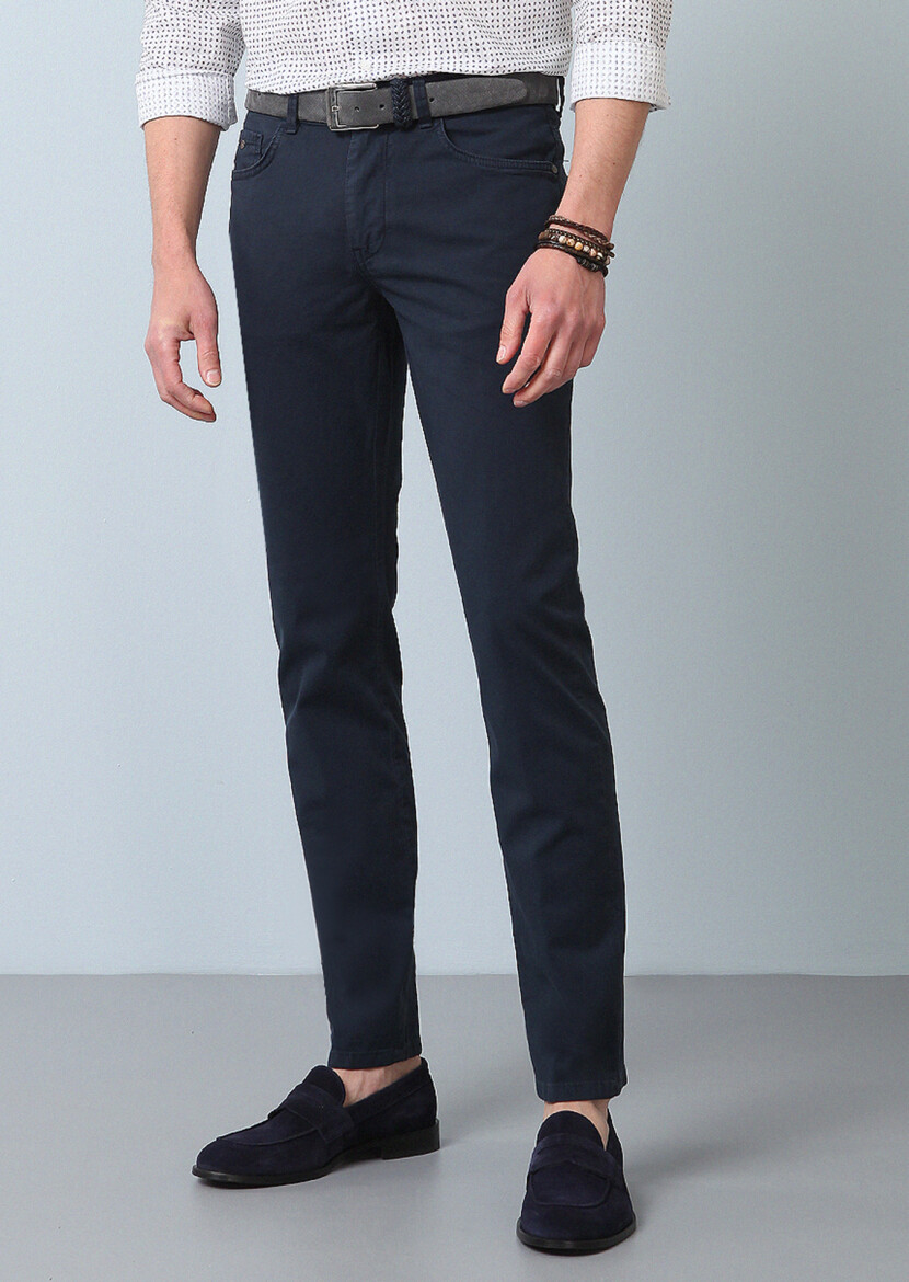 Navy Blue Weaving Slim Fit Casual Cotton Blended Trousers - 3