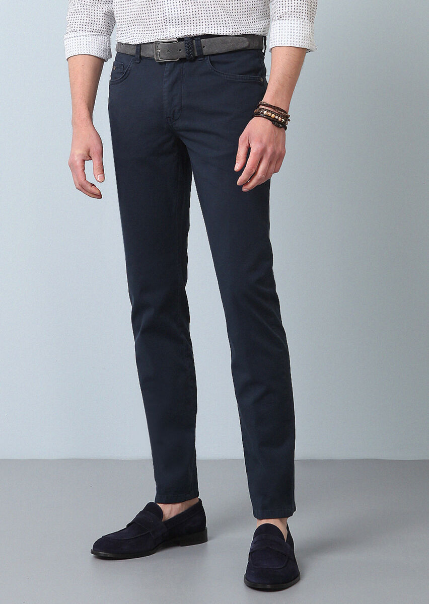 Navy Blue Weaving Slim Fit Casual Cotton Blended Trousers - 3