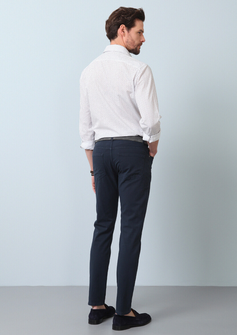 Navy Blue Weaving Slim Fit Casual Cotton Blended Trousers - 4