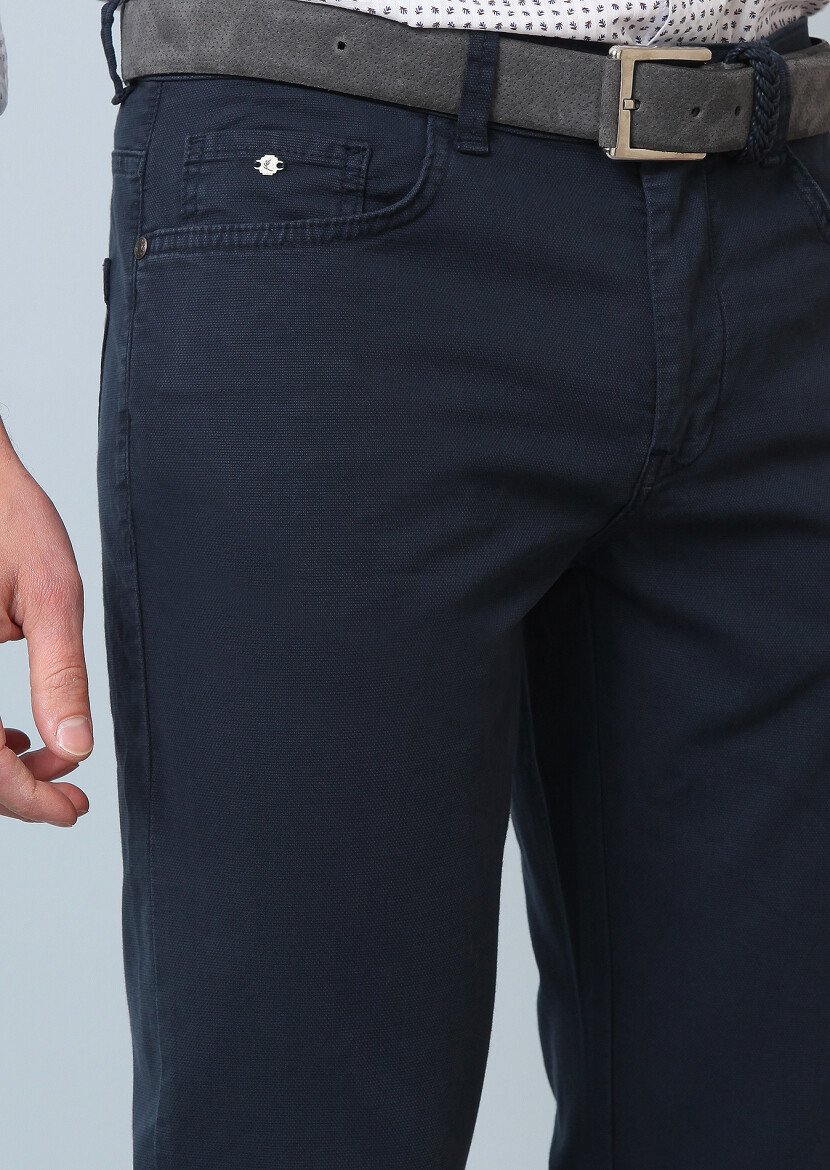 Navy Blue Weaving Slim Fit Casual Cotton Blended Trousers 