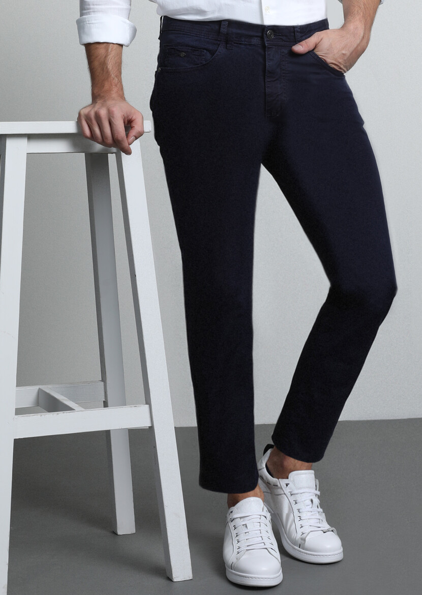 Navy Blue Weaving Slim Fit Casual Cotton Blended Trousers 
