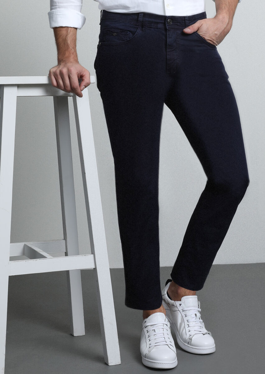 Navy Blue Weaving Slim Fit Casual Cotton Blended Trousers - 2