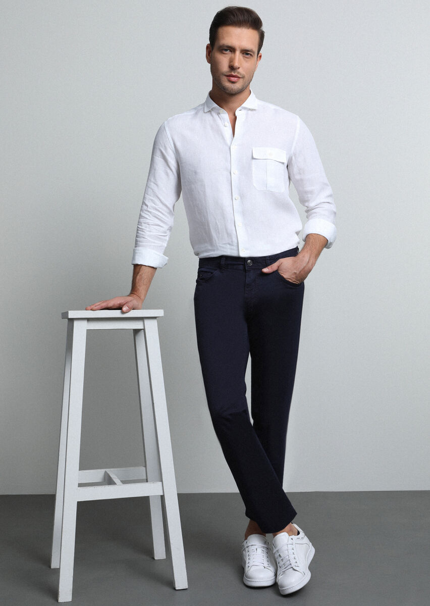 Navy Blue Weaving Slim Fit Casual Cotton Blended Trousers - 3