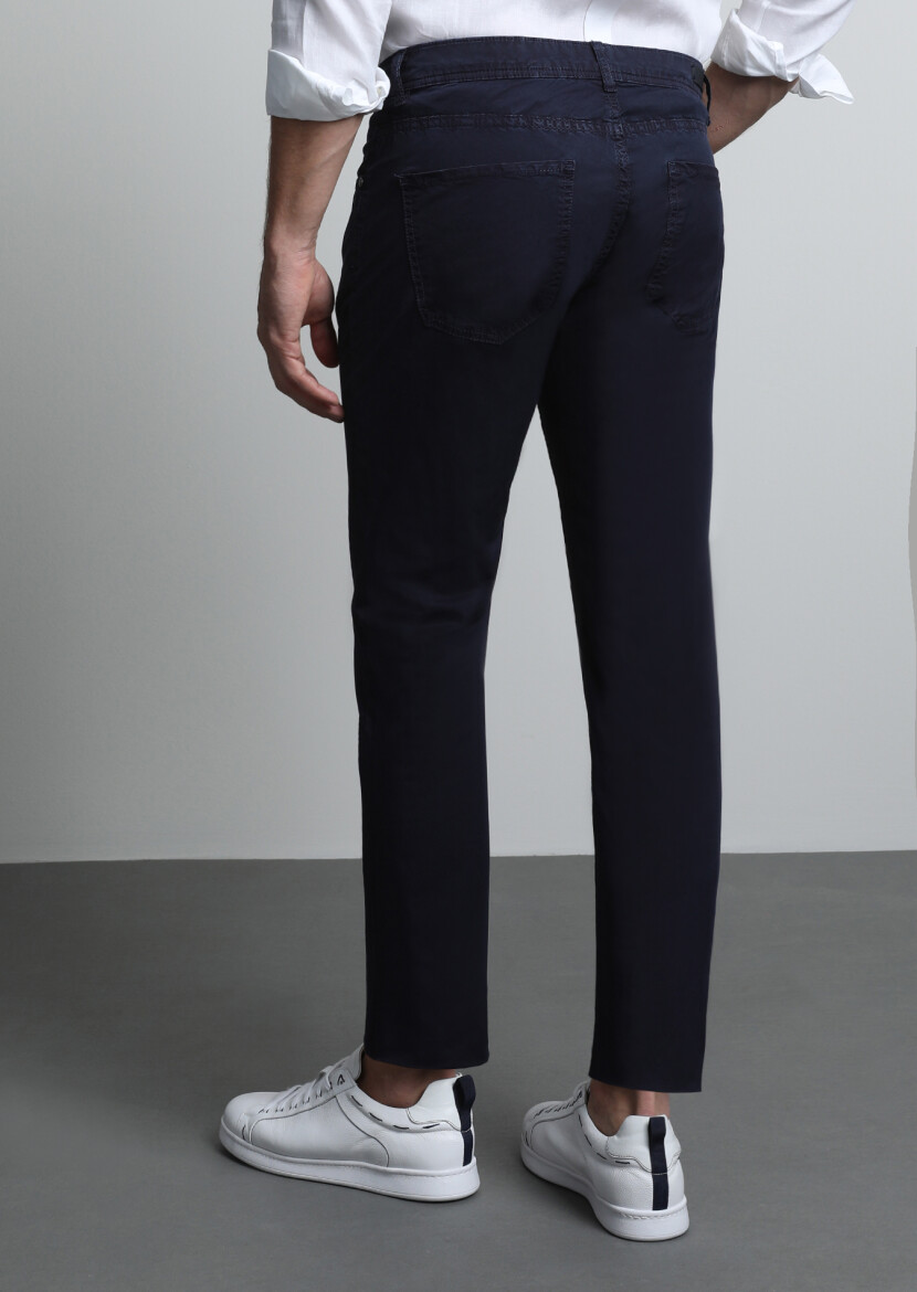 Navy Blue Weaving Slim Fit Casual Cotton Blended Trousers - 5