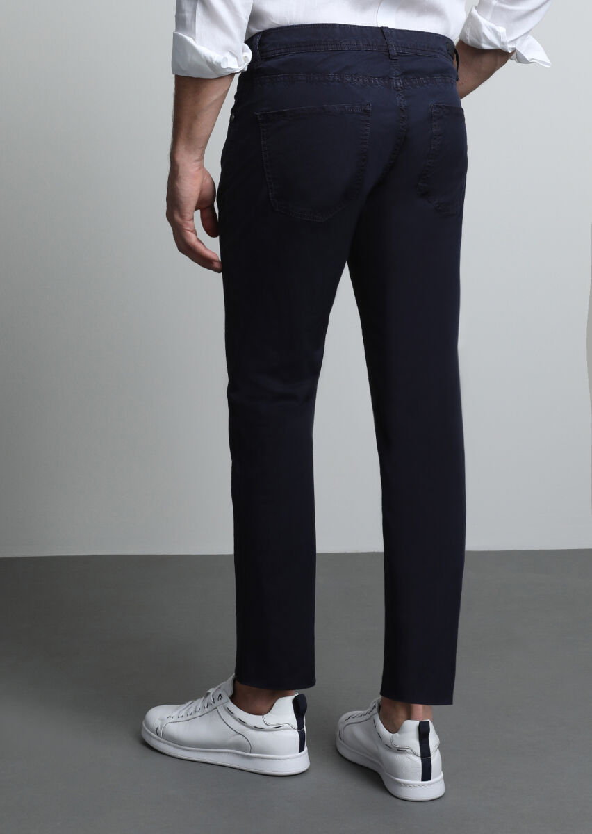 Navy Blue Weaving Slim Fit Casual Cotton Blended Trousers - 5