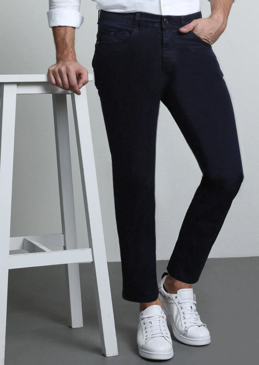 Navy Blue Weaving Slim Fit Casual Cotton Blended Trousers - 2