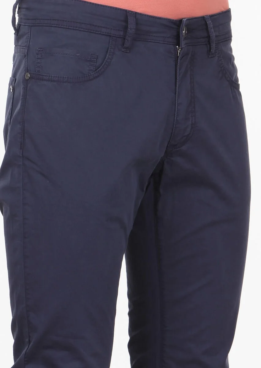 Navy Blue Weaving Slim Fit Casual Cotton Blended Trousers - 3