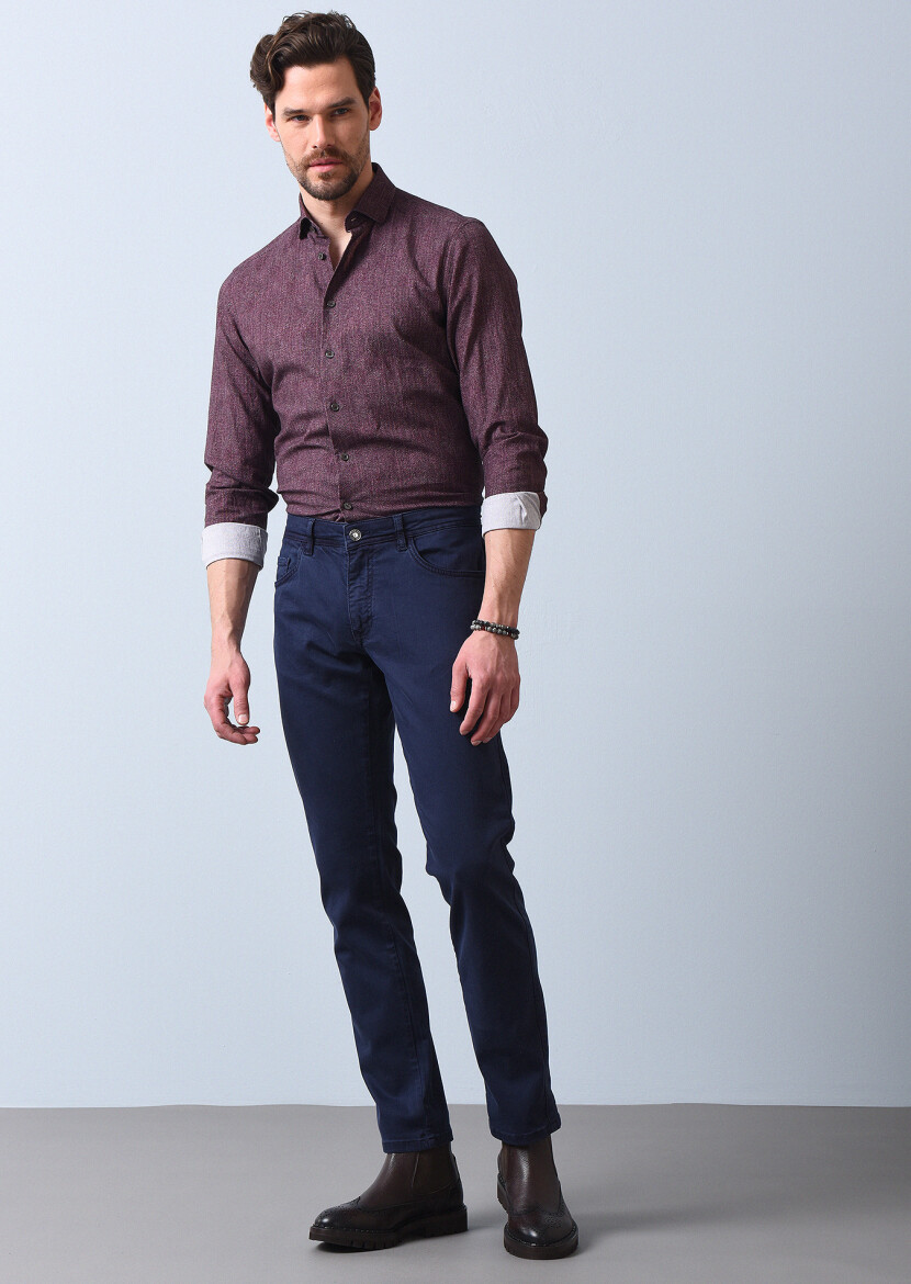 Navy Blue Weaving Slim Fit Casual Cotton Blended Trousers 