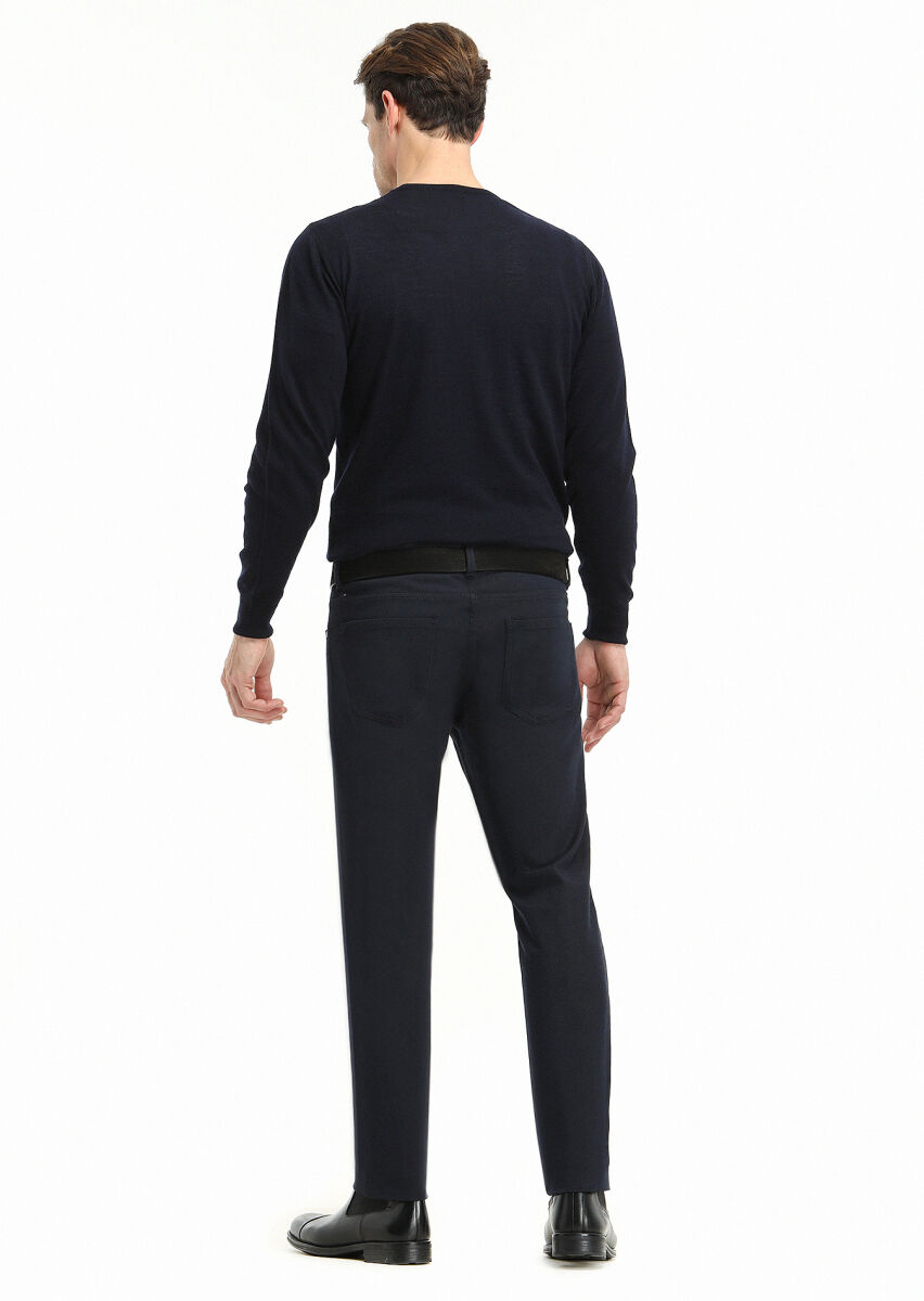 Navy Blue Weaving Slim Fit Casual Cotton Blended Trousers - 3