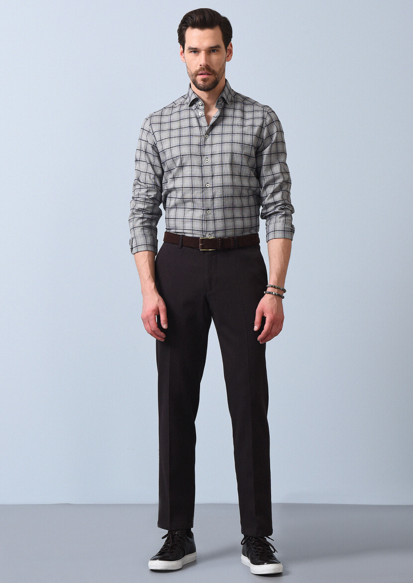 Navy Blue Weaving Slim Fit Casual Cotton Blended Trousers - 1