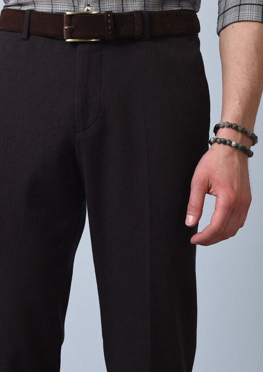Navy Blue Weaving Slim Fit Casual Cotton Blended Trousers - 2