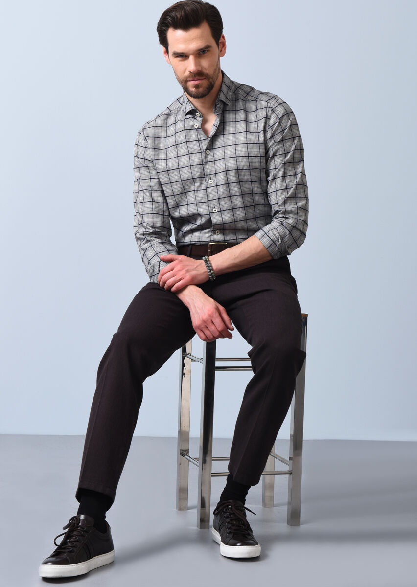 Navy Blue Weaving Slim Fit Casual Cotton Blended Trousers - 3