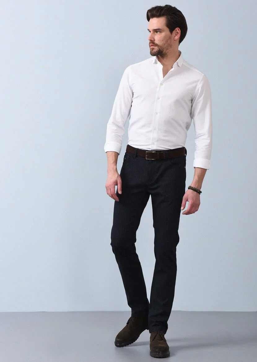 Navy Blue Weaving Slim Fit Casual Cotton Blended Trousers 