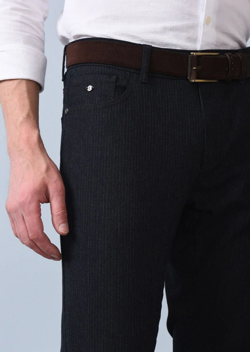 Navy Blue Weaving Slim Fit Casual Cotton Blended Trousers - 4