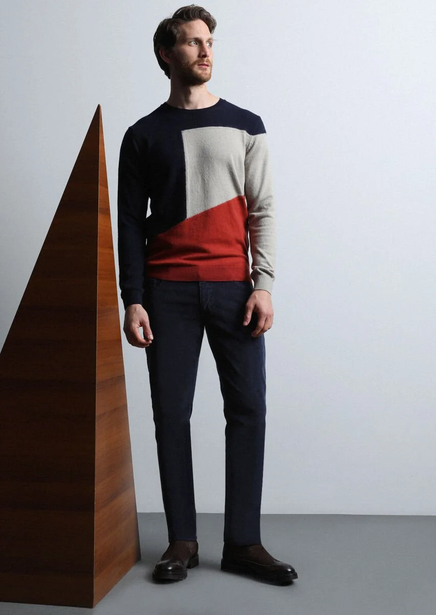 Navy Blue Weaving Slim Fit Casual Cotton Blended Trousers - 1