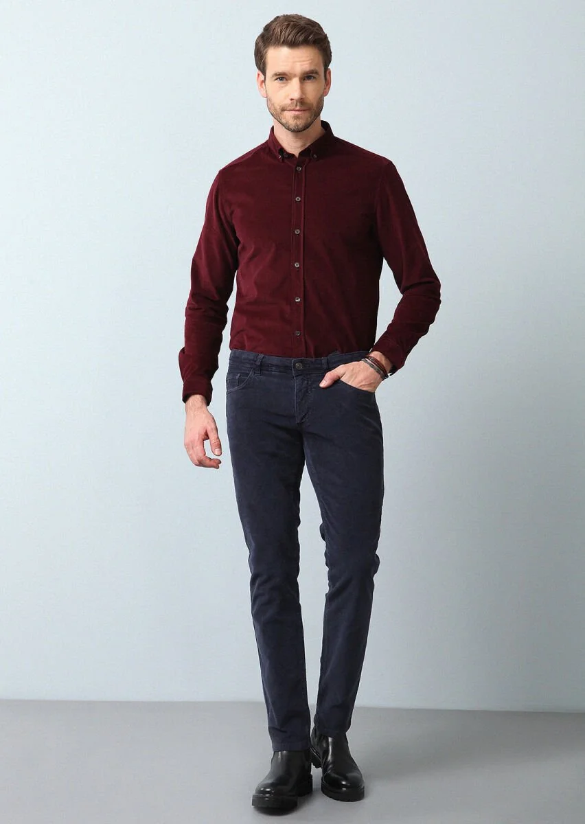 Navy Blue Weaving Slim Fit Casual Cotton Blended Trousers - 4