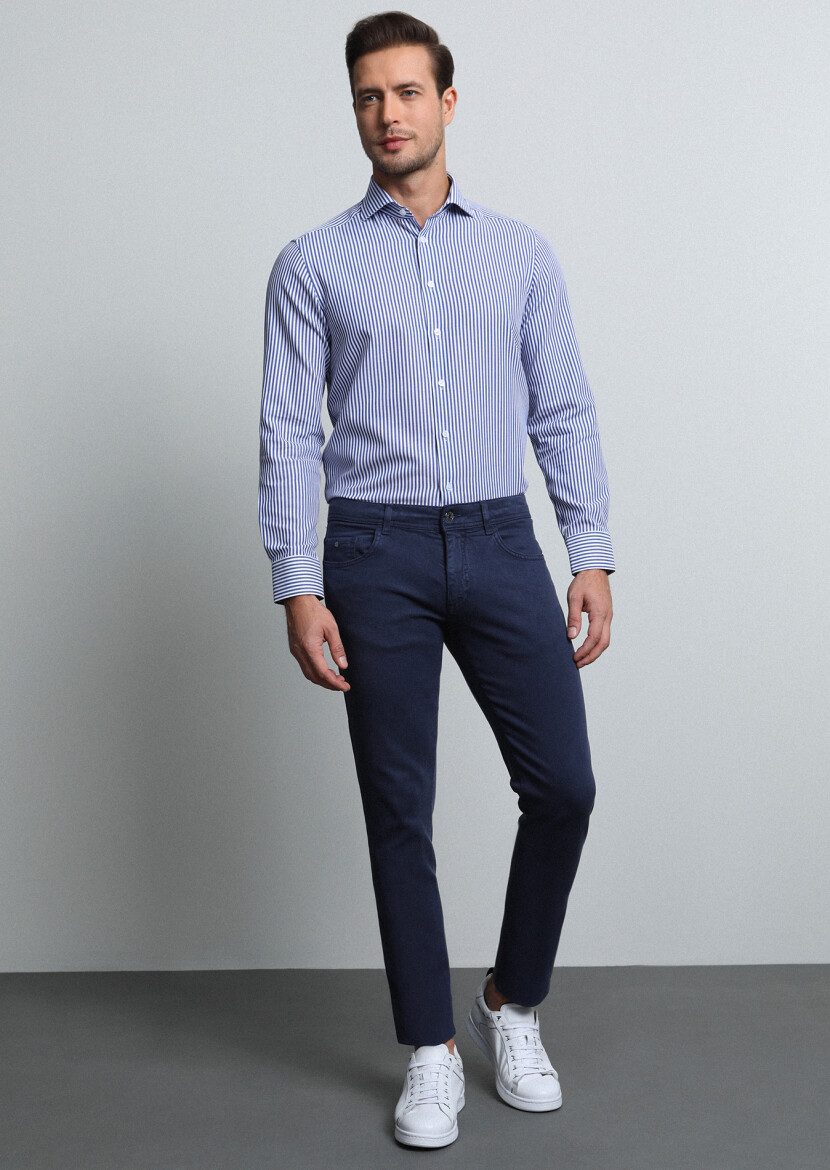 Navy Blue Weaving Slim Fit Casual Cotton Blended Trousers - 1