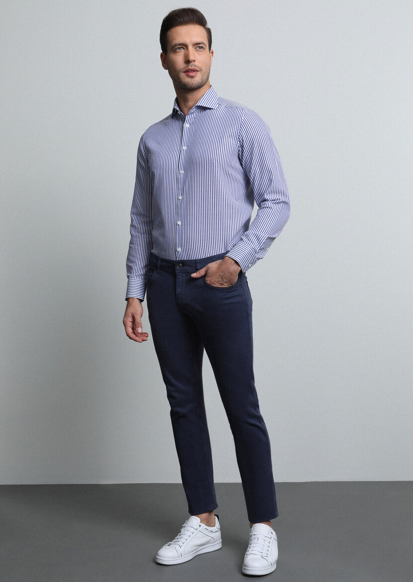 Navy Blue Weaving Slim Fit Casual Cotton Blended Trousers - 3