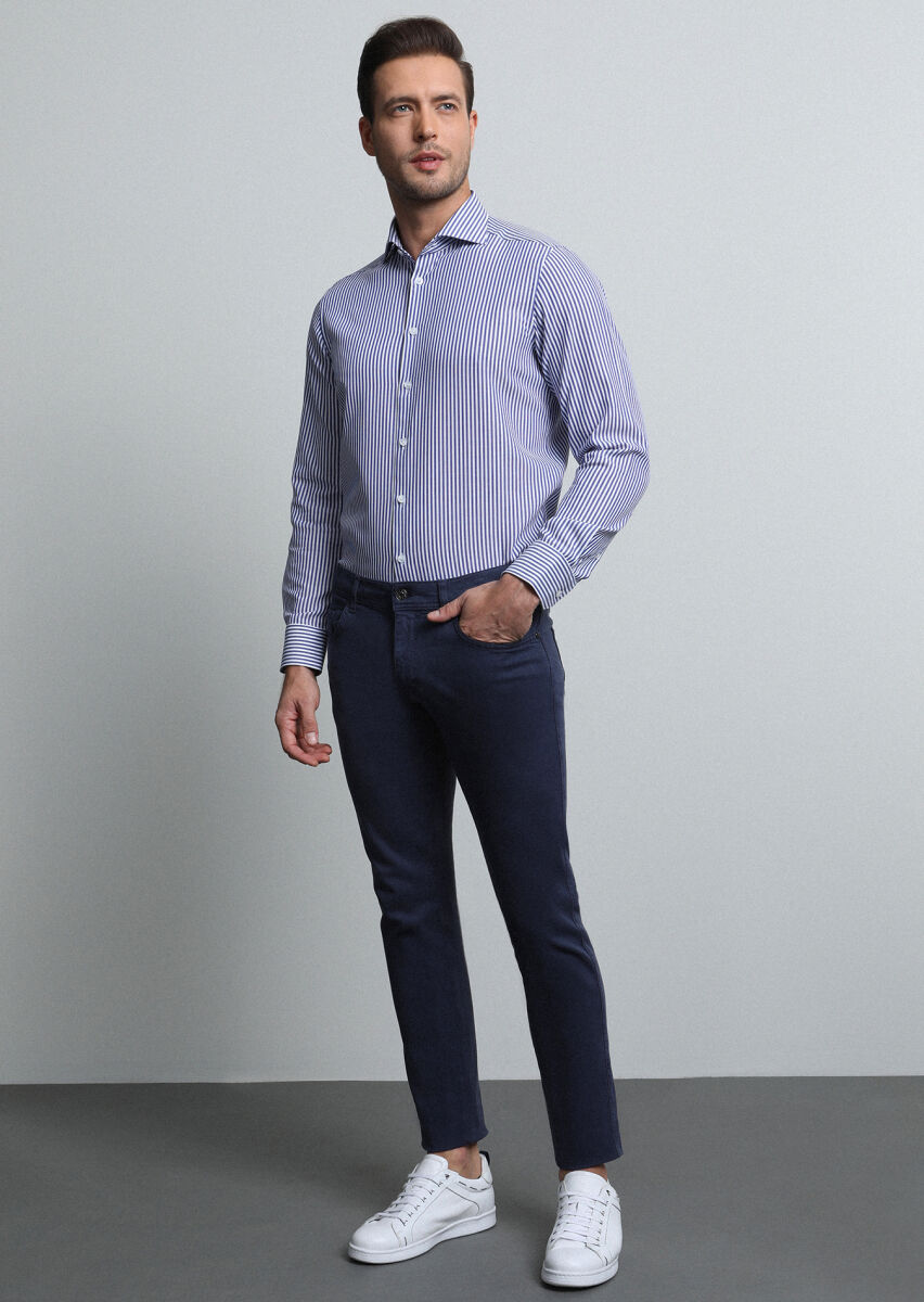 Navy Blue Weaving Slim Fit Casual Cotton Blended Trousers - 3