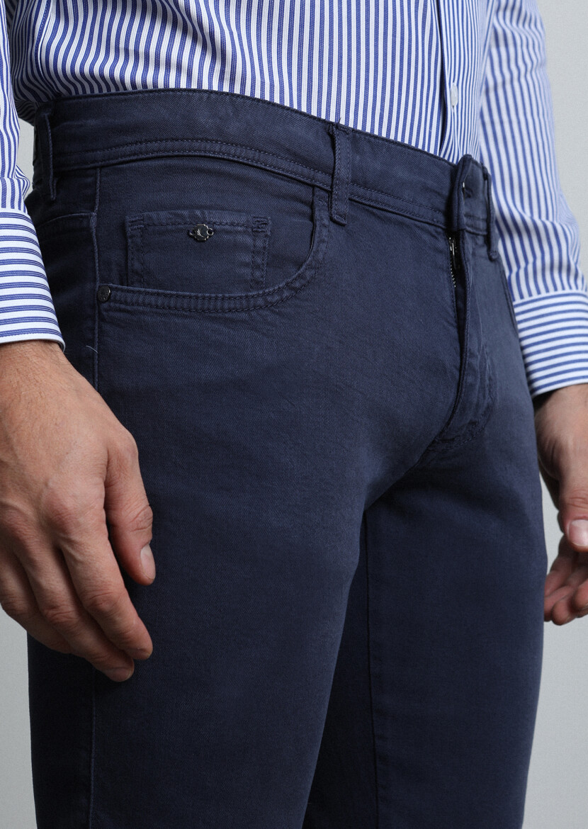 Navy Blue Weaving Slim Fit Casual Cotton Blended Trousers - 4