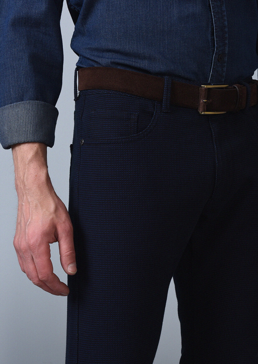 Navy Blue Weaving Slim Fit Casual Cotton Blended Trousers - 4