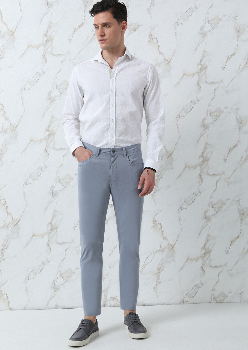 Navy Blue Weaving Slim Fit Casual Cotton Blended Trousers - 1