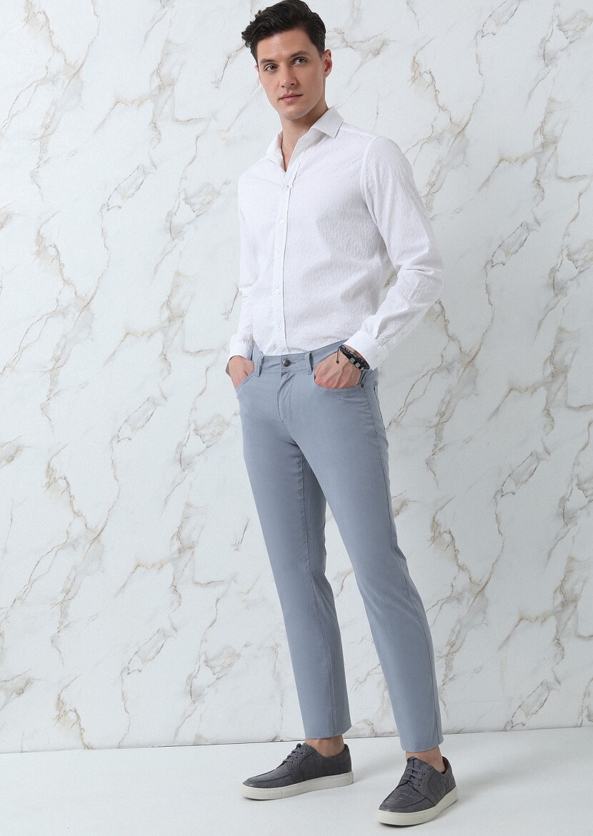 Navy Blue Weaving Slim Fit Casual Cotton Blended Trousers - 4