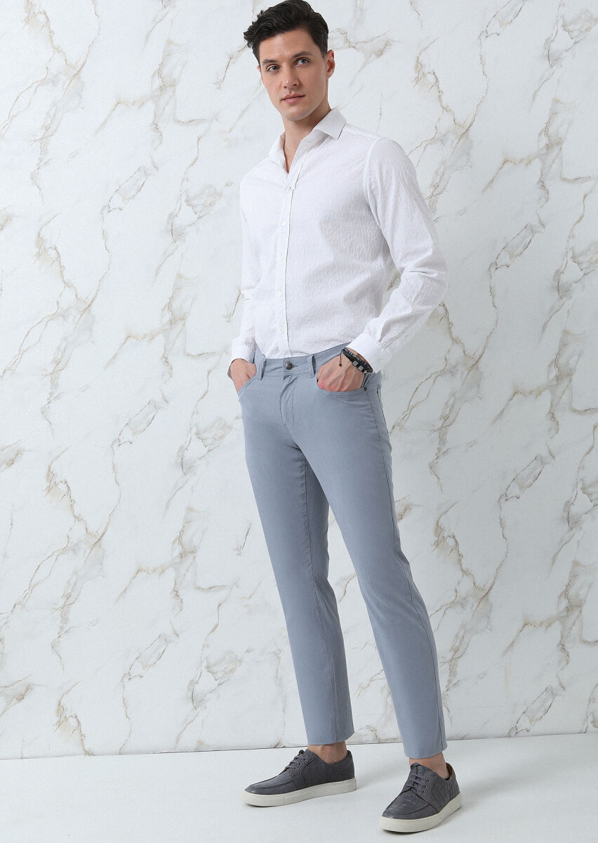 Navy Blue Weaving Slim Fit Casual Cotton Blended Trousers - 4