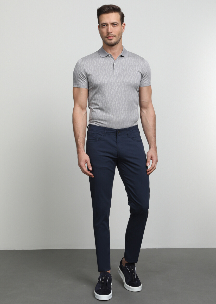 Navy Blue Weaving Slim Fit Casual Cotton Blended Trousers - 3