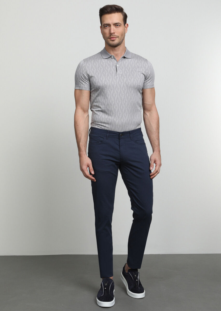 Navy Blue Weaving Slim Fit Casual Cotton Blended Trousers - 3