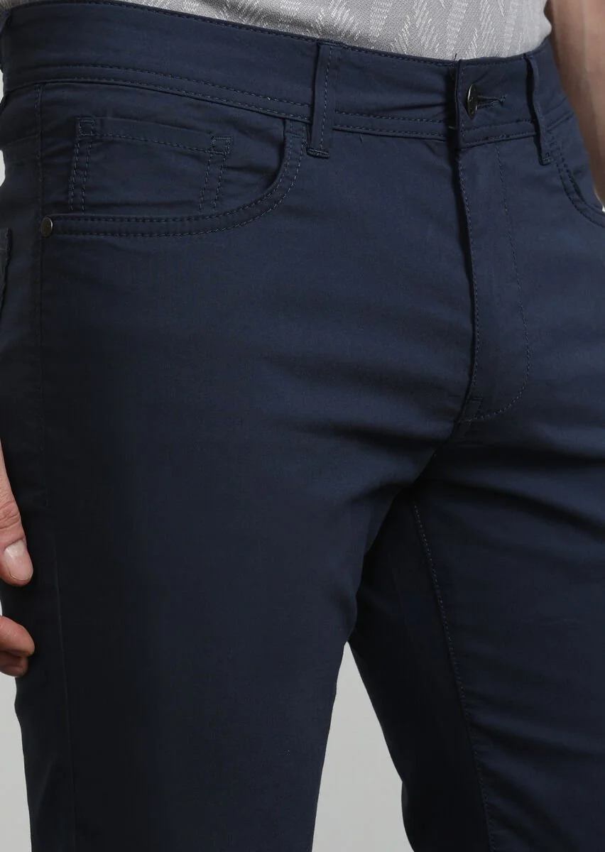 Navy Blue Weaving Slim Fit Casual Cotton Blended Trousers - 2