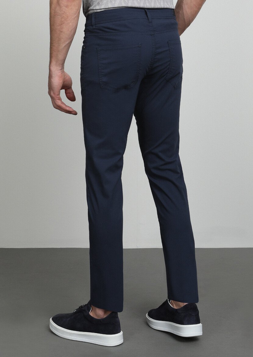 Navy Blue Weaving Slim Fit Casual Cotton Blended Trousers - 4