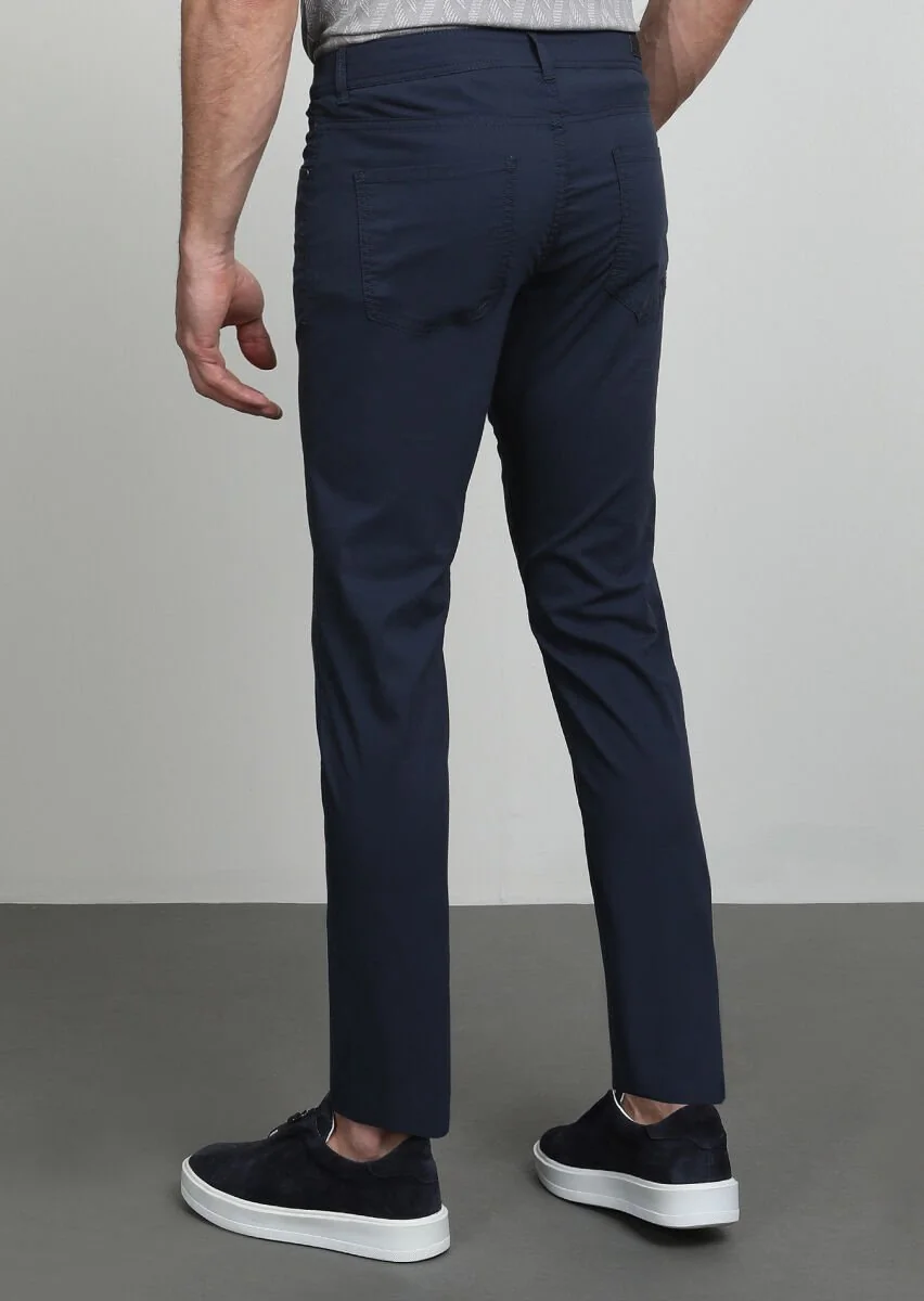 Navy Blue Weaving Slim Fit Casual Cotton Blended Trousers - 4