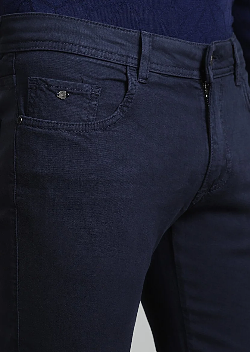 Navy Blue Weaving Slim Fit Casual Cotton Blended Trousers 