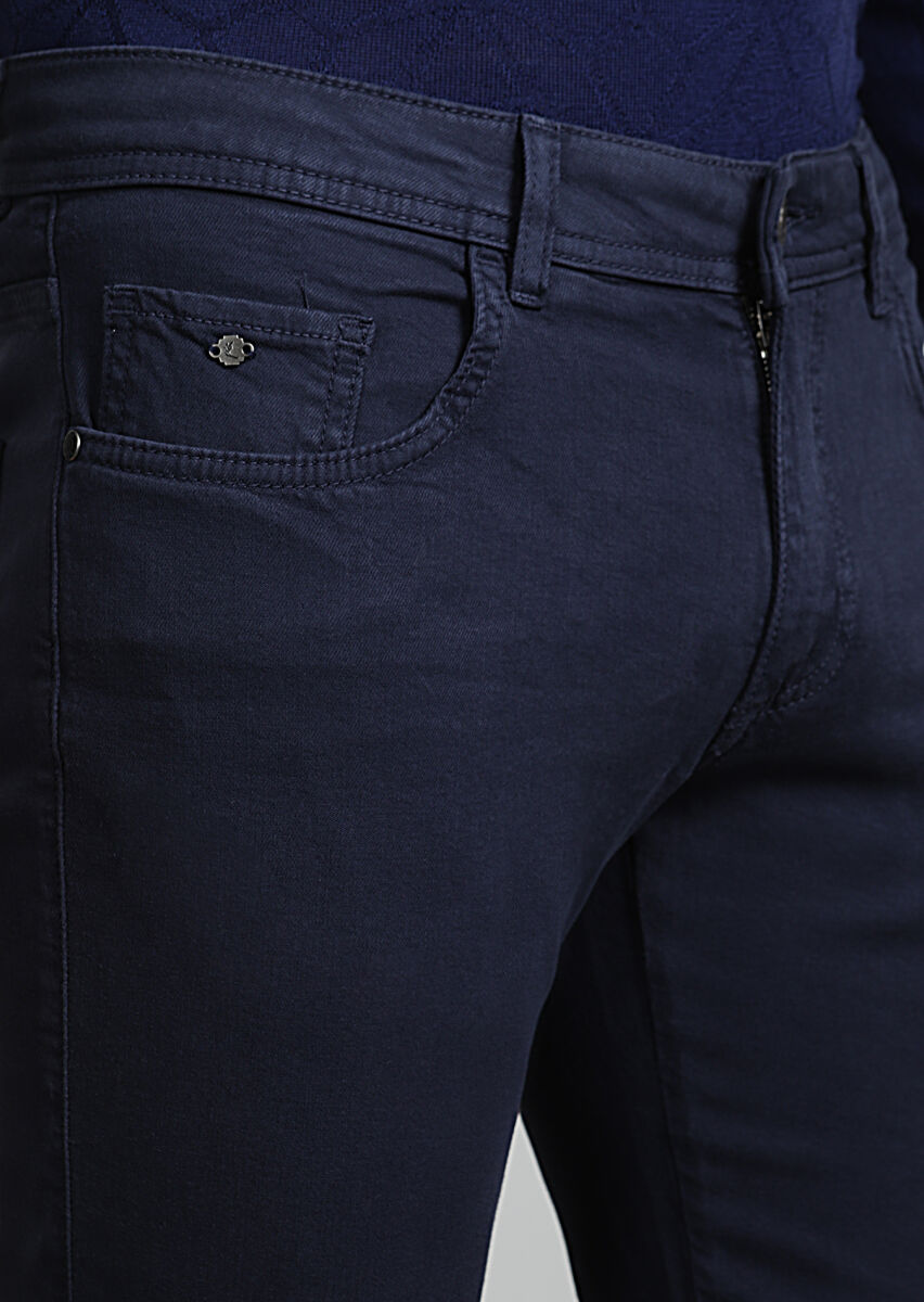 Navy Blue Weaving Slim Fit Casual Cotton Blended Trousers - 2