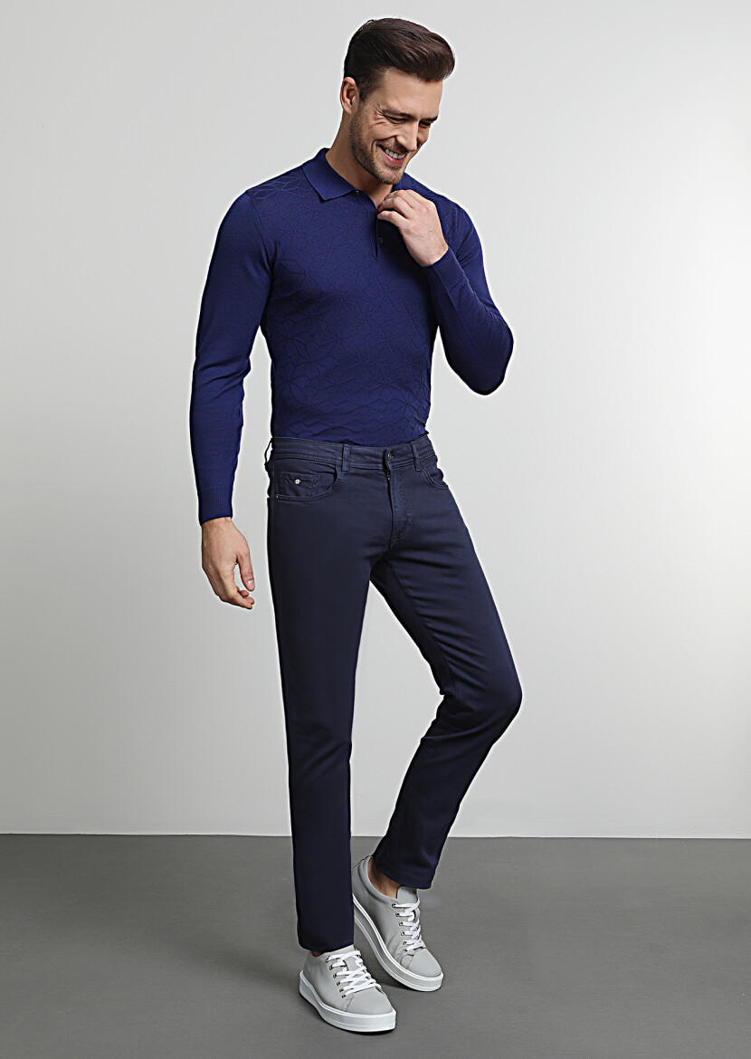 Navy Blue Weaving Slim Fit Casual Cotton Blended Trousers - 3