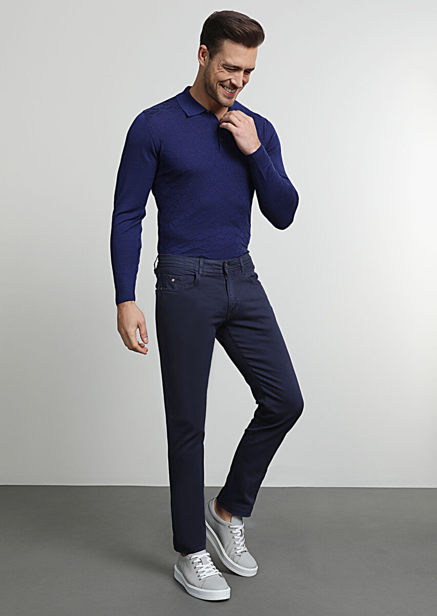 Navy Blue Weaving Slim Fit Casual Cotton Blended Trousers - 3