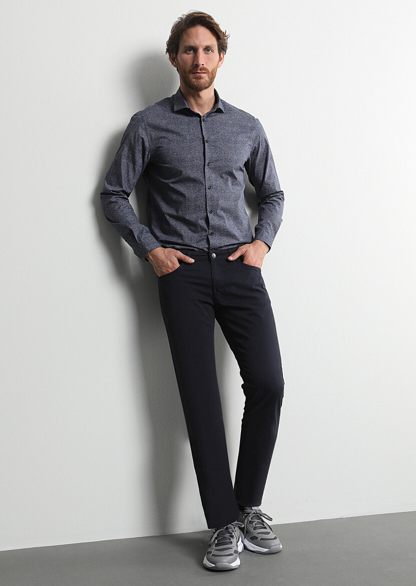 Navy Blue Weaving Slim Fit Casual Cotton Blended Trousers - 1