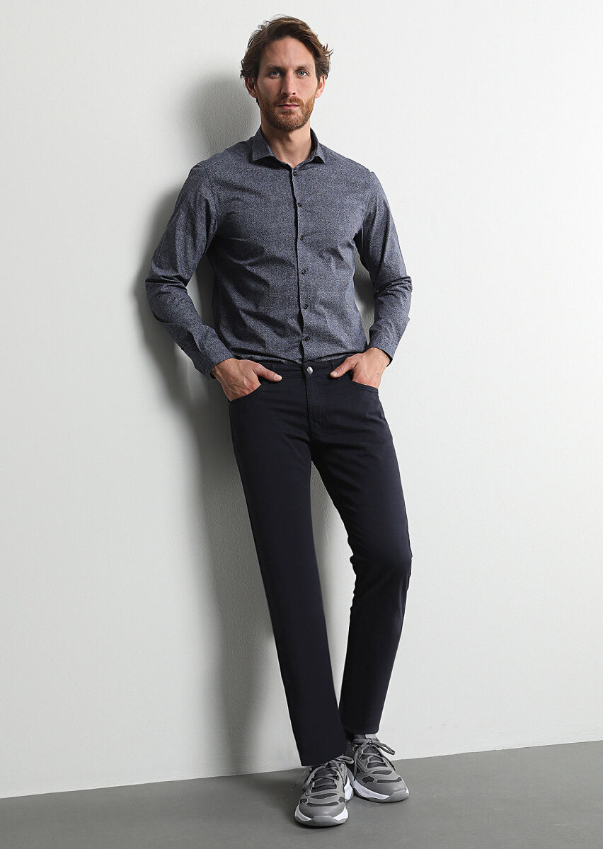 Navy Blue Weaving Slim Fit Casual Cotton Blended Trousers - 1