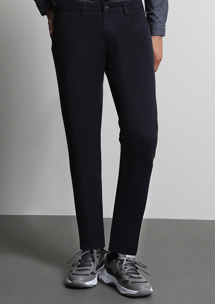 Navy Blue Weaving Slim Fit Casual Cotton Blended Trousers - 3
