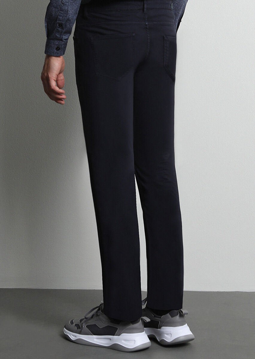 Navy Blue Weaving Slim Fit Casual Cotton Blended Trousers - 4