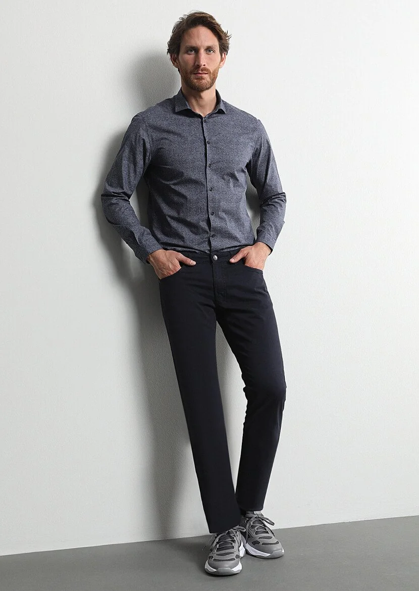 Navy Blue Weaving Slim Fit Casual Cotton Blended Trousers - 1
