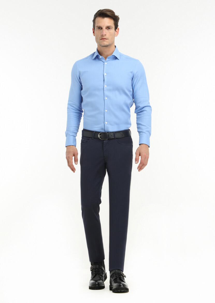 Navy Blue Weaving Slim Fit Casual Cotton Blended Trousers - 1