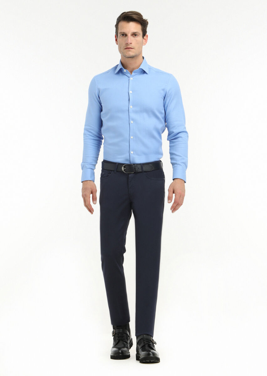 Navy Blue Weaving Slim Fit Casual Cotton Blended Trousers - 1