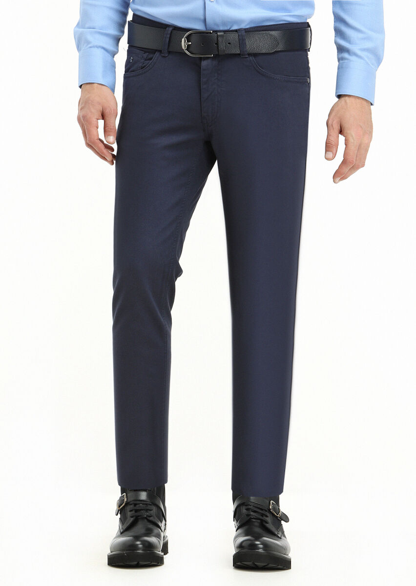 Navy Blue Weaving Slim Fit Casual Cotton Blended Trousers - 2