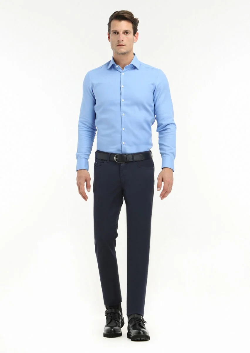 Navy Blue Weaving Slim Fit Casual Cotton Blended Trousers - 1