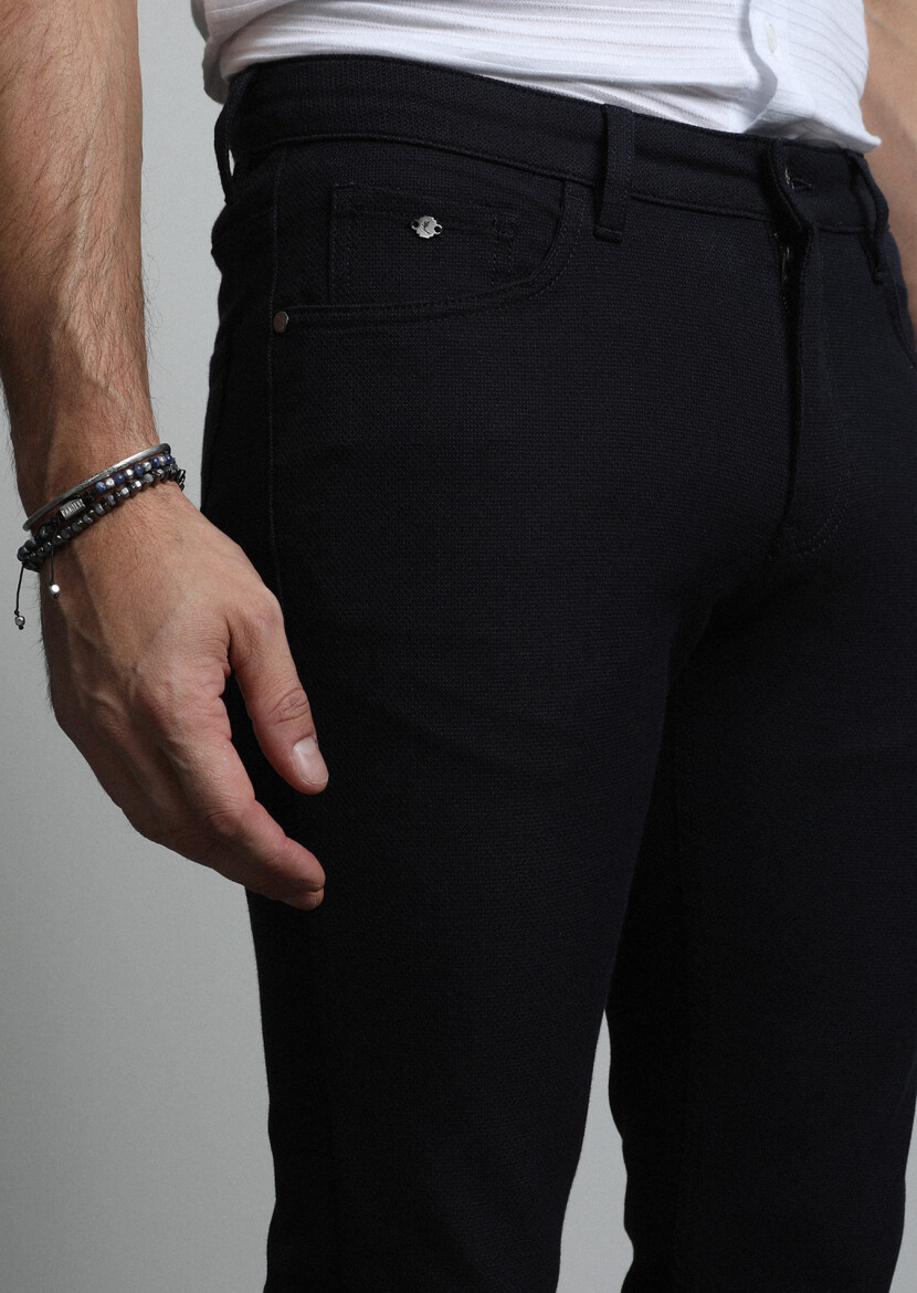 Navy Blue Weaving Slim Fit Casual Cotton Blended Trousers - 3
